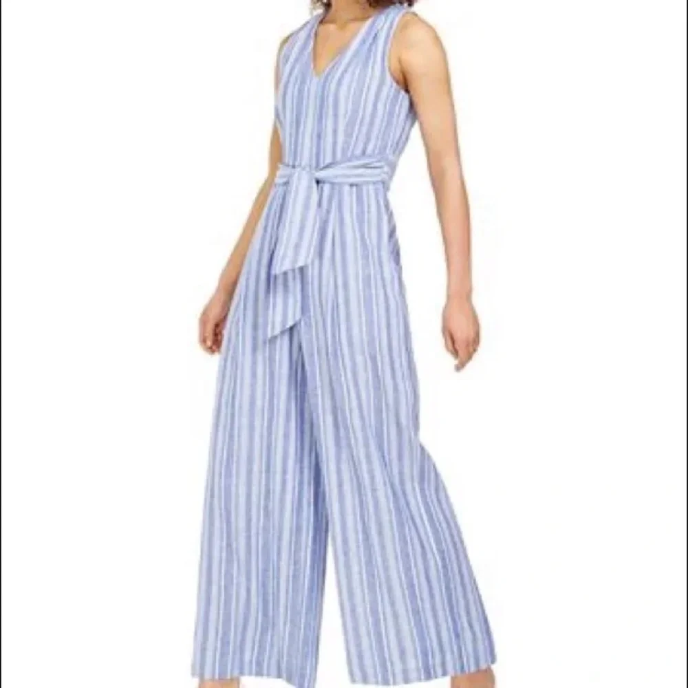 Classy Calvin Klein Linen Blend Belted Sleeveless Blue Stripe Jumpsuit Size 4